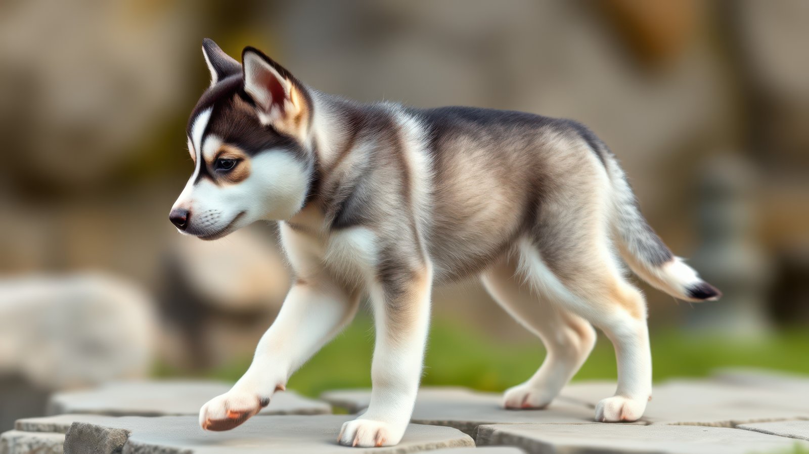 Cute husky puppy walking across stones in a green outdoor setting during daylight
